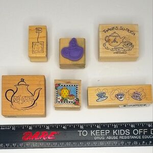 Retro/Vintage Six Piece Tea Coffee Teapot Wooden Rubber Stamps Lot